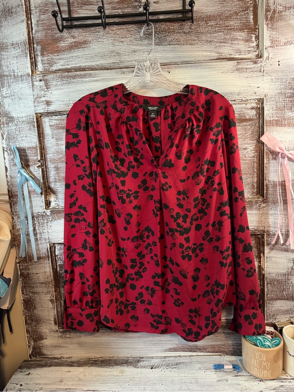 Simply Vera Vera Wang Red and Black Floral Long-Sleeve Blouse
